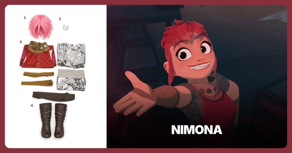 Short Pink Wig, Double Silver Ear Cuff, Nimona Tunic and Armor Costume Set and Brown Flat Calf Boots beside Nimona