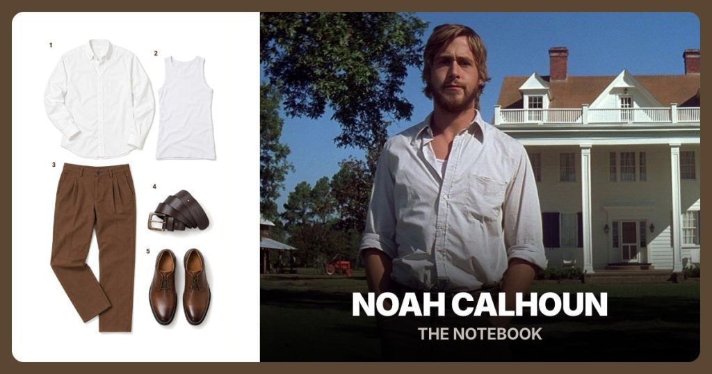 White Cotton Button-Down Shirt, White Sleeveless Undershirt and Brown Pleated Trousers beside Noah Calhoun