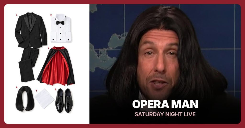 Black Tuxedo Suit, White Tuxedo Shirt and Bow Tie, Black and Red Cape and Black Middle-Part Bob Wig beside Opera Man