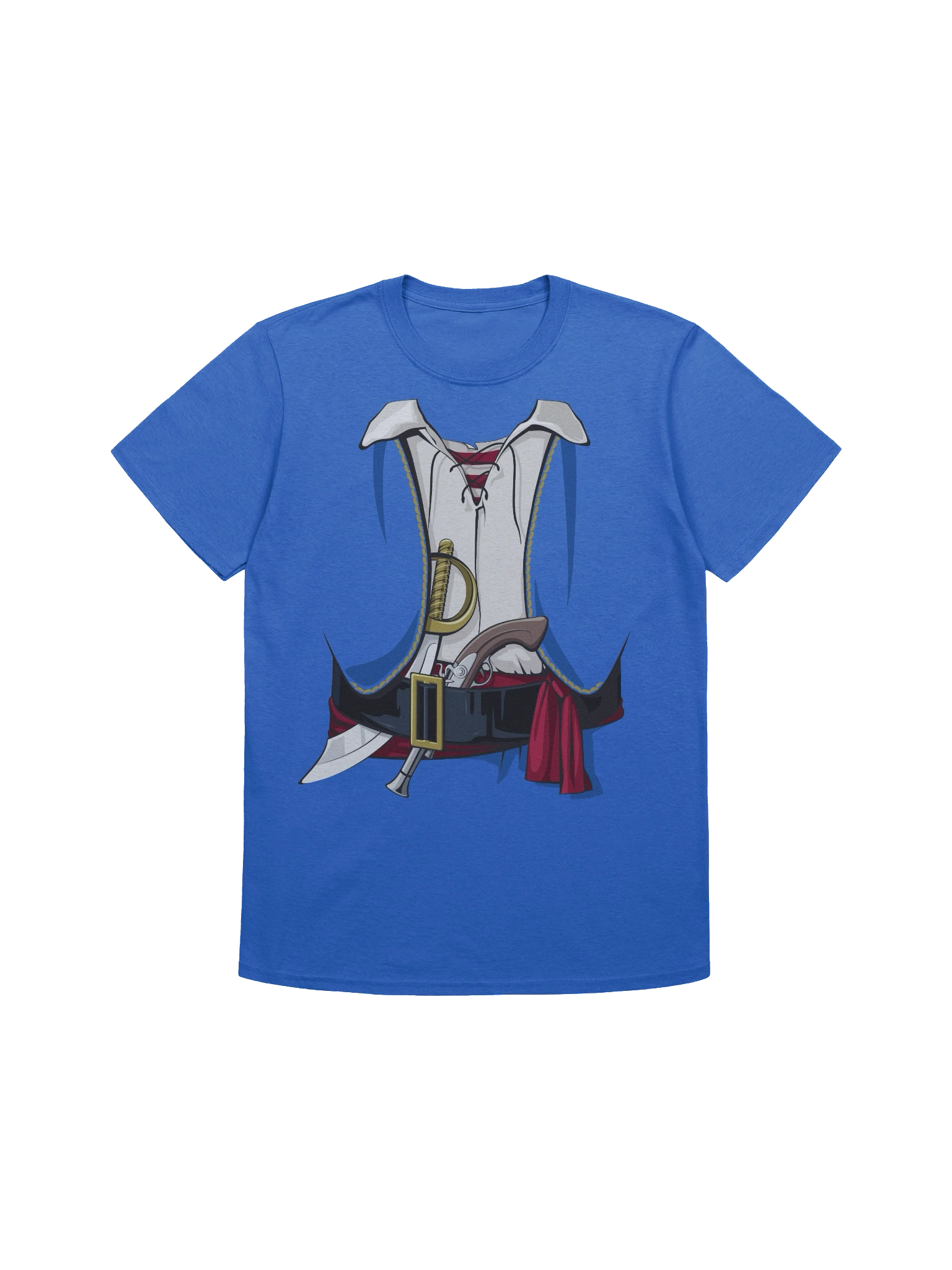 Blue pirate costume T-shirt with a printed lace-up vest, sash and belt