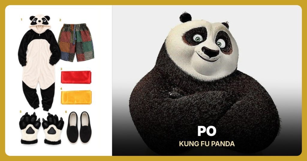 Panda Onesie, Patchwork Shorts, Red Kung Fu Sash and Gold Kung Fu Sash beside Po