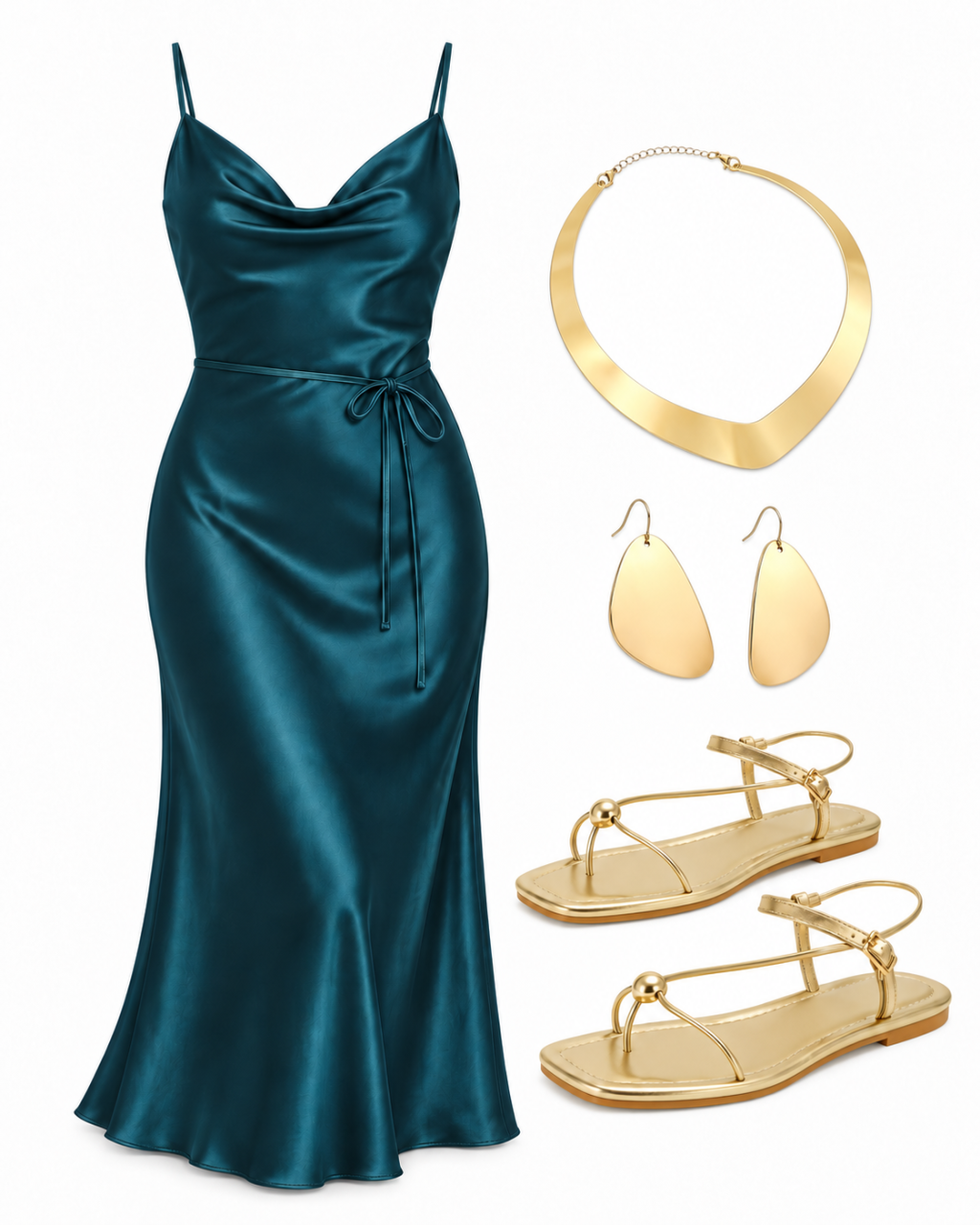 Deep-teal satin cowl midi dress, curved flat gold collar necklace with teardrop drop earrings and gold flat sandals on white
