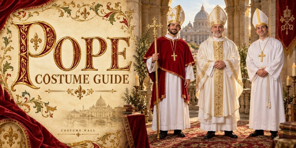 Red and White Pope Costume, Pope Costume with Staff, White and Gold Chasuble and White Cassock Robe beside Pope