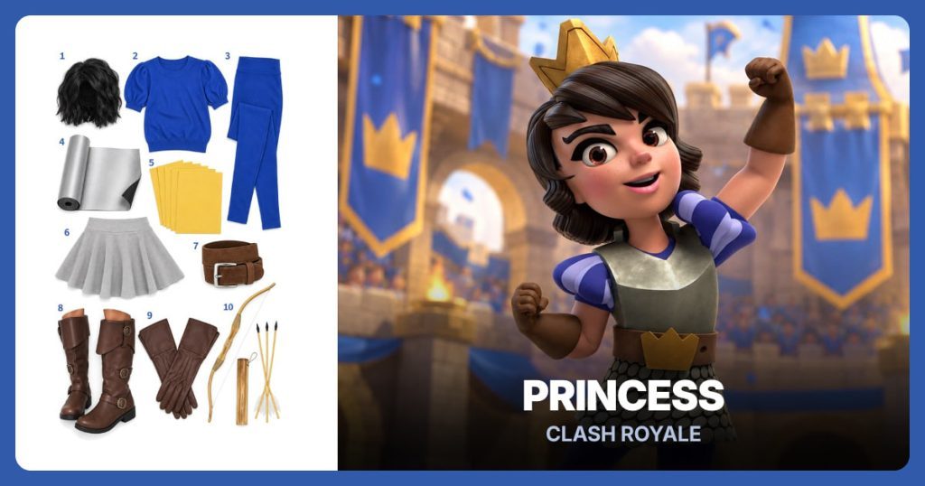 Short Black Bob Wig, Blue Puff-Sleeve Top, Royal Blue Leggings and Silver EVA Foam Roll beside Princess