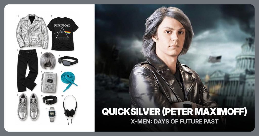 Silver Biker Jacket, Pink Floyd T-Shirt, Black Slim Jeans and Gray Bob Wig beside Quicksilver (Peter Maximoff)