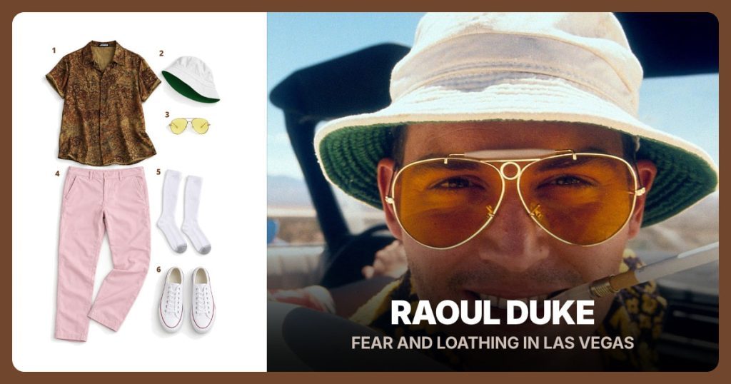 Brown Floral Camp Shirt, White Bucket Hat, Gold Aviator Sunglasses and Light Pink Pants beside Raoul Duke
