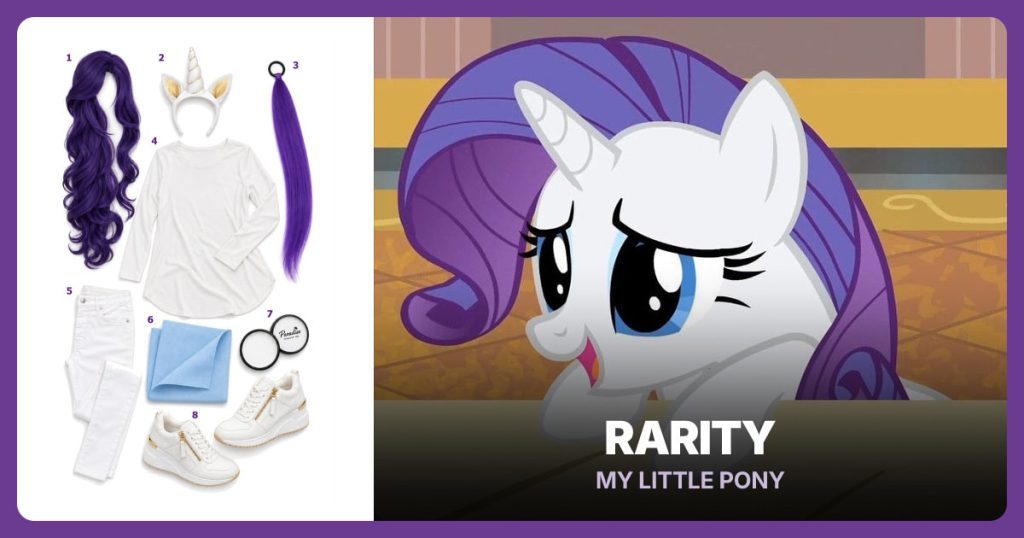 Purple Curly Wig, White Unicorn Headband, Purple Tail Extension and White Tunic beside Rarity