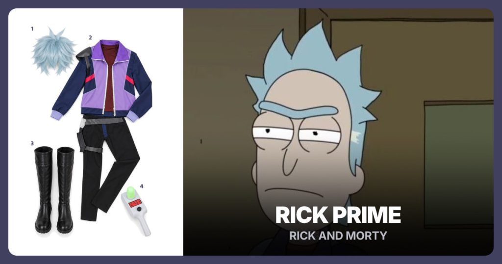 Pale Blue Spiky Wig, Sci-Fi Costume Set, Tall Black Boots and Portal Gun Prop beside Rick Prime