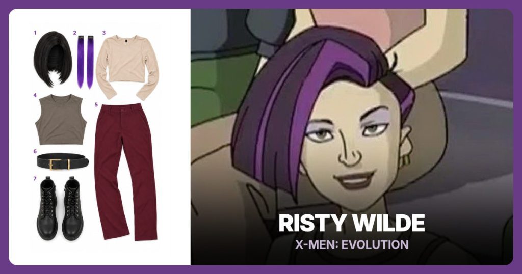 Black Asymmetrical Bob Wig, Purple Clip-in Hair Extensions and Beige Long-Sleeve Crop Top beside Risty Wilde