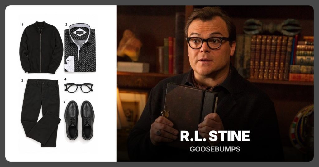Black Zip-Up Knit Cardigan, Black Fine-Print Button-Down Shirt and Jet-Black Straight-Fit Chinos beside R.L. Stine