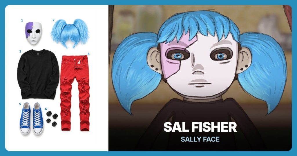 White and Purple Face Mask, Light Blue Pigtail Wig, Black Crewneck Sweatshirt and Red Ripped Jeans beside Sal Fisher