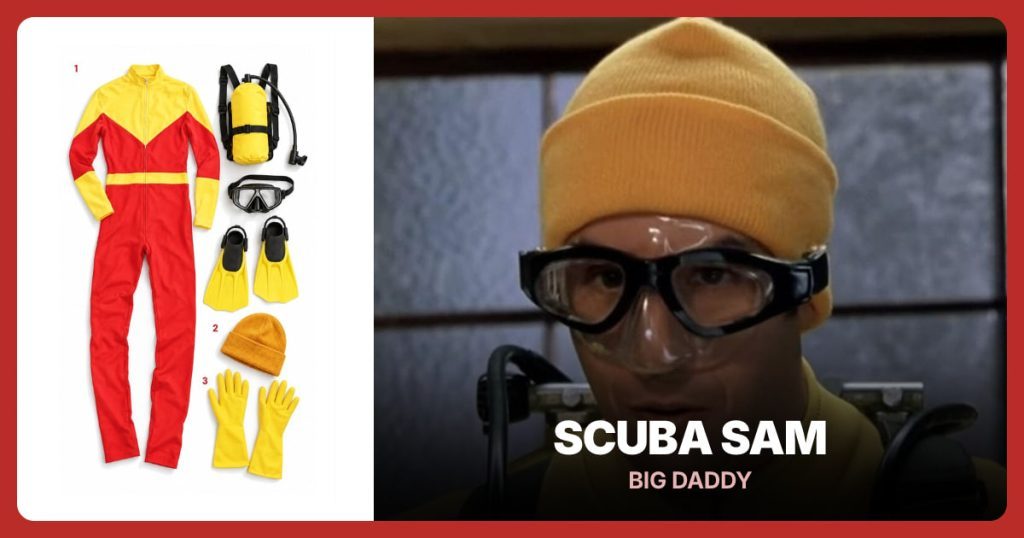 Red and Yellow Diver Costume Set, Yellow Knit Beanie and Yellow Rubber Gloves beside Scuba Sam