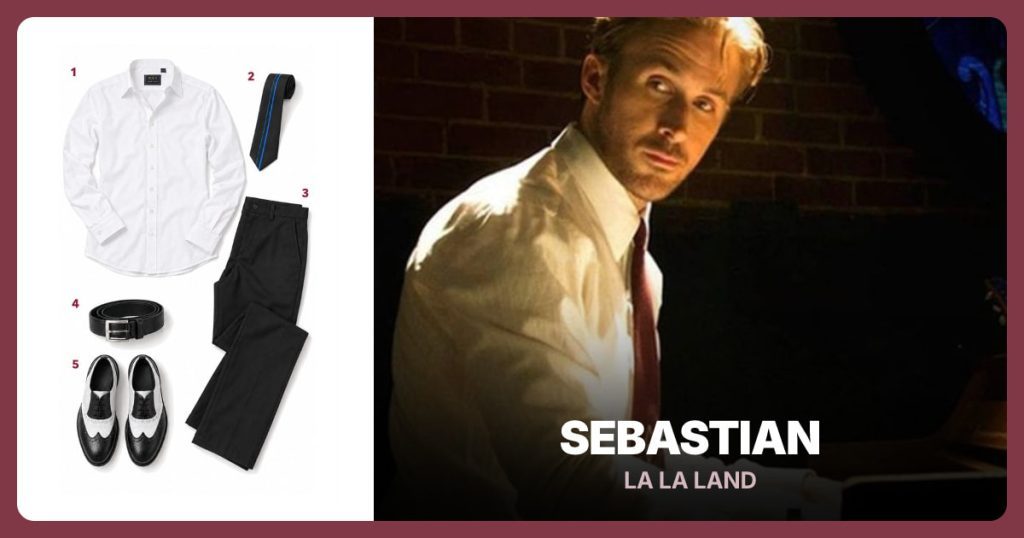 White Long-Sleeved Button-Down Shirt, Black Slim Striped Tie and Black Flat-Front Dress Trousers beside Sebastian