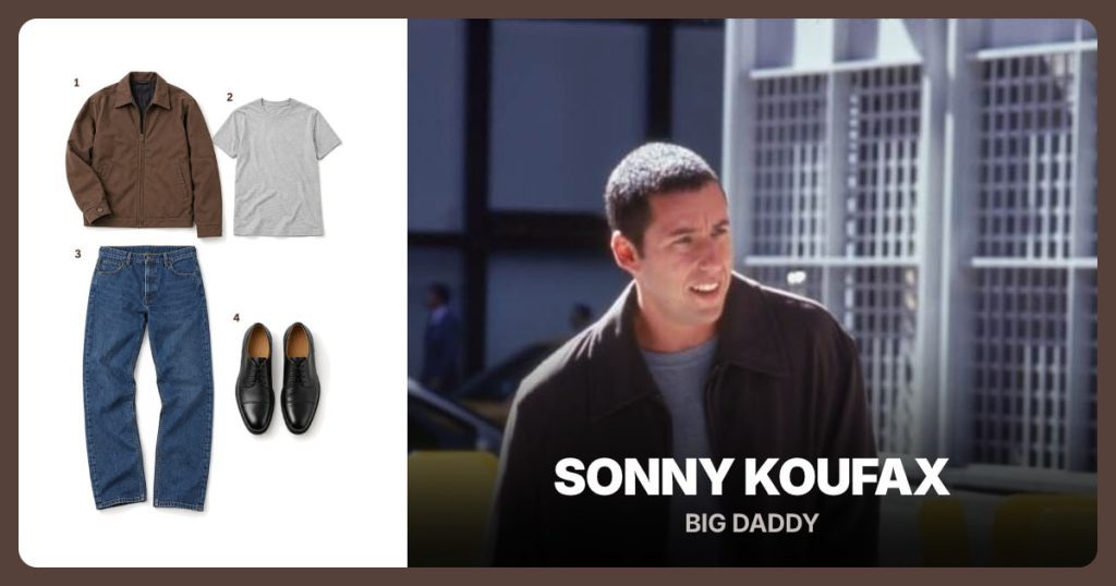 Brown Zip Jacket, Gray Crewneck T-Shirt, Blue Straight-Leg Jeans and Black Lace-Up Shoes beside Sonny Koufax