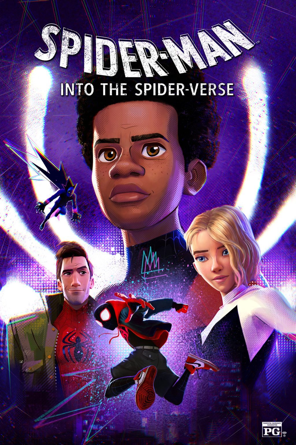 Miles Morales, Peter B. Parker and Gwen Stacy on the Into the Spider-Verse poster