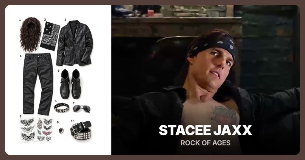 Long Brown Wig, Black Paisley Bandana, Black Faux Leather Jacket and Black Faux Leather Pants beside Stacee Jaxx