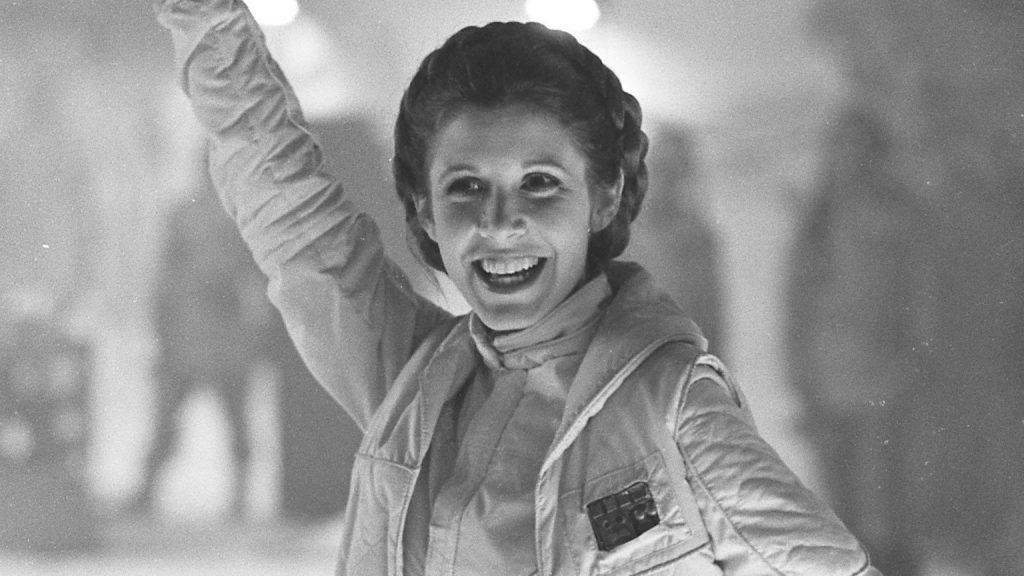 Princess Leia in her Hoth outfit with a quilted vest and braided hairstyle