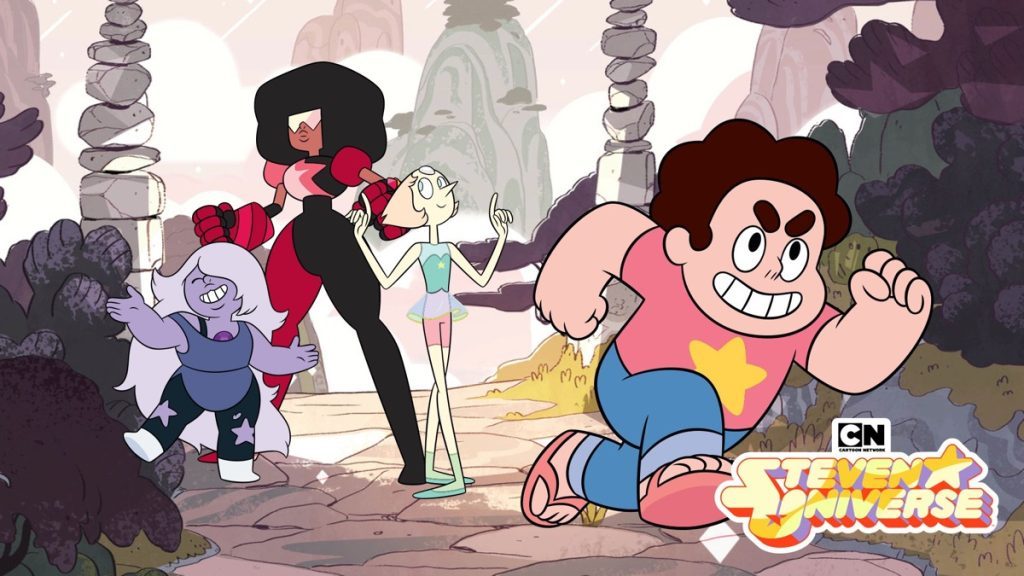 Steven, Garnet, Pearl and Amethyst exploring a colorful landscape together