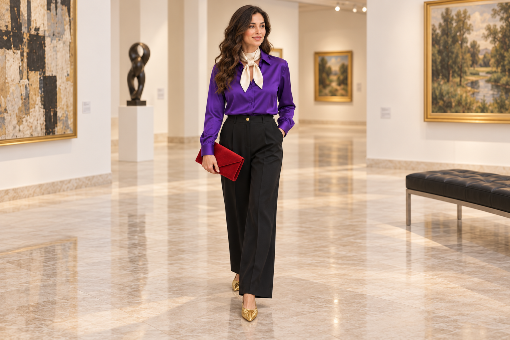 An adult woman wears a violet satin blouse, ivory neck scarf, black wide-leg trousers, red envelope clutch and gold gathered slingbacks in a gallery.