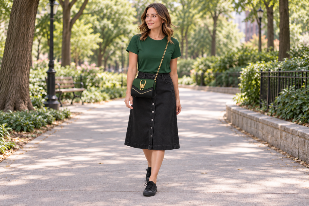 An adult woman wears a forest-green tee, black denim midi and black canvas sneakers with a green-and-black Loki crossbody featuring gold horned-helmet hardware.
