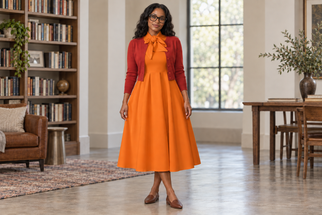 Adult woman in black square glasses wearing an orange bow-neck A-line dress, red cropped cardigan and chestnut pointed flats