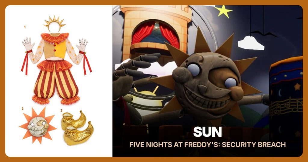 Sun Costume Set, Sun Face Mask and Gold Jester Shoes beside Sun