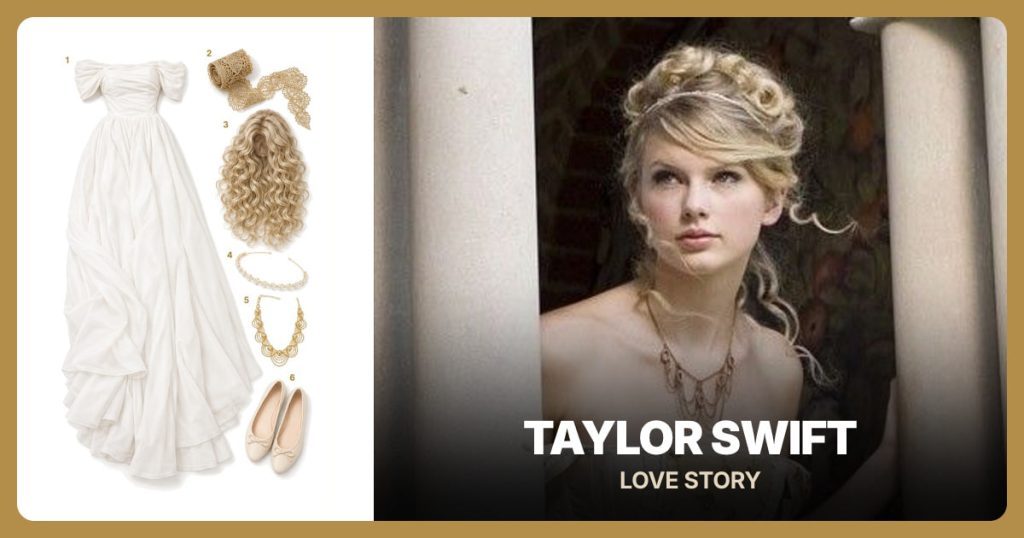 Ivory Off Shoulder Gown, Gold Floral Lace Trim, Blonde Curly Wig and Pearl Gold Headband beside Taylor Swift (Love Story)