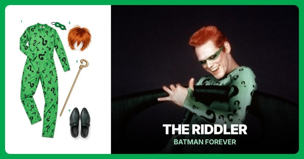 Green Question-Mark Unitard Costume, Short Orange-Copper Men's Wig and Gold Question-Mark Cane beside The Riddler