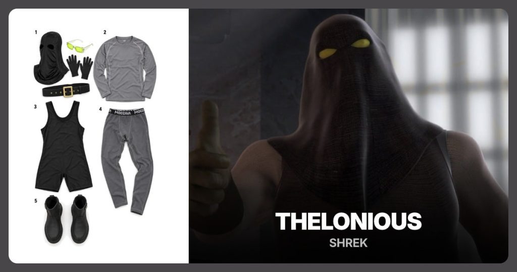 Executioner Hood Accessory Set, Gray Compression Shirt, Black Wrestling Singlet and Gray Compression Leggings beside Thelonious