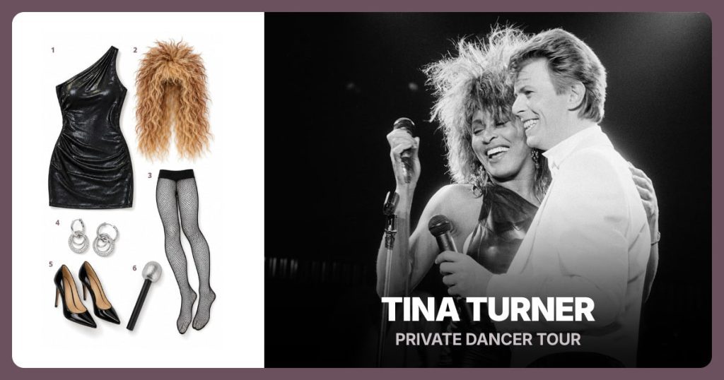 Black One-Shoulder Mini Dress, Blonde and Brown Rocker Wig, Black Fishnet Tights and Silver Circle Drop Earrings beside Tina Turner