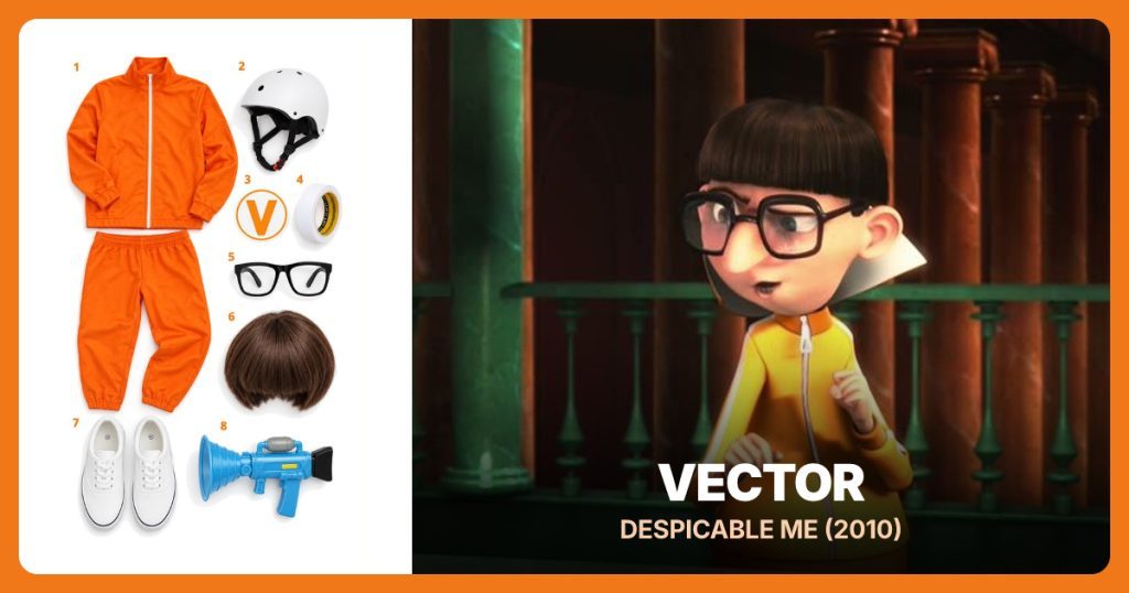 Vector costume from Despicable Me: Orange Tracksuit Set, White Skate Helmet, White Iron-on Tape, Black Square Glasses