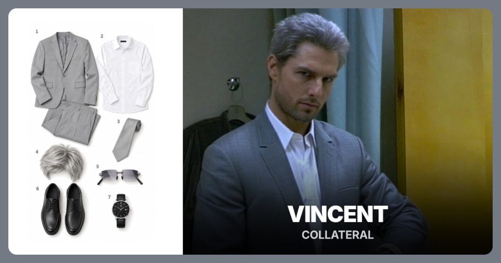 Light Gray Suit, White Dress Shirt, Gray Necktie and Short Silver Wig beside Vincent