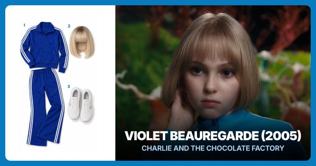 Blue Striped Tracksuit, Blonde Bob Wig and White Running Sneakers beside Violet Beauregarde (2005)
