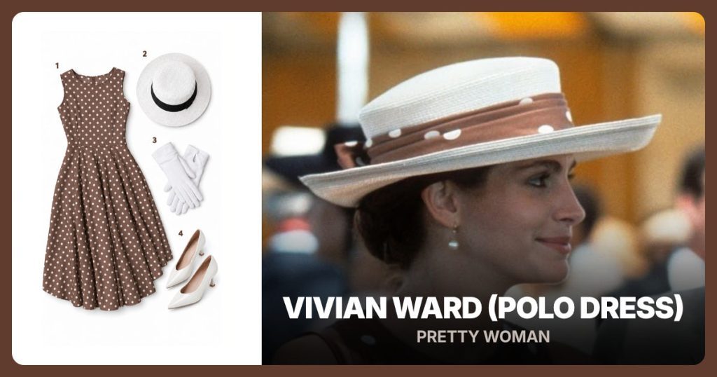 Brown and White Polka-Dot Midi Dress, White Straw Boater Hat and White Wrist-Length Cotton Gloves beside Vivian Ward (Polo Dress)