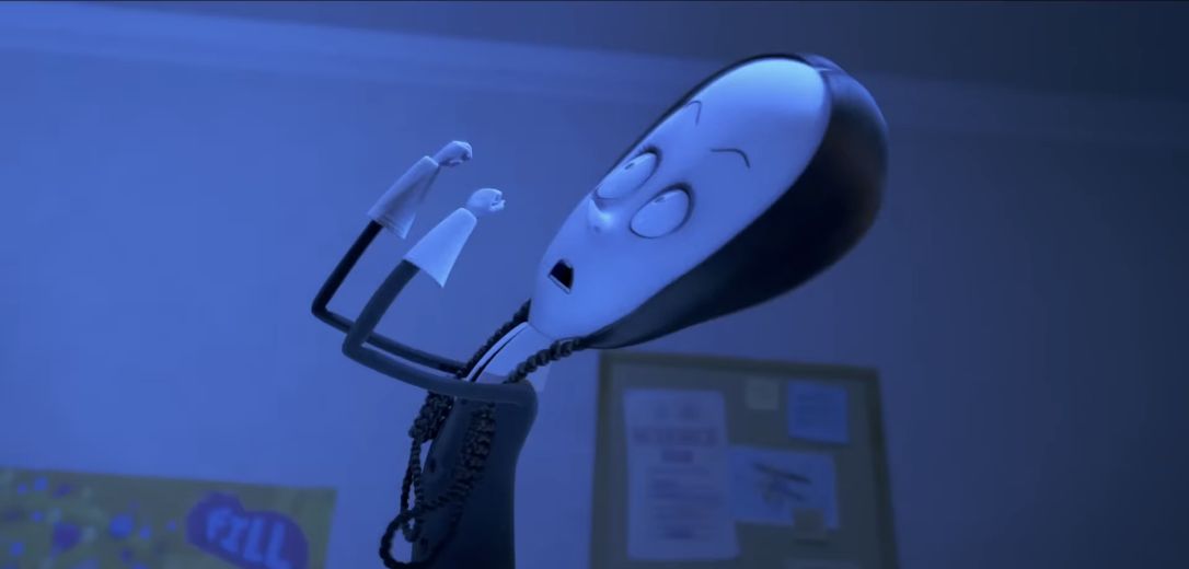 Animated Wednesday Addams with a white collar and looped braids, from MGM’s official 2019 trailer
