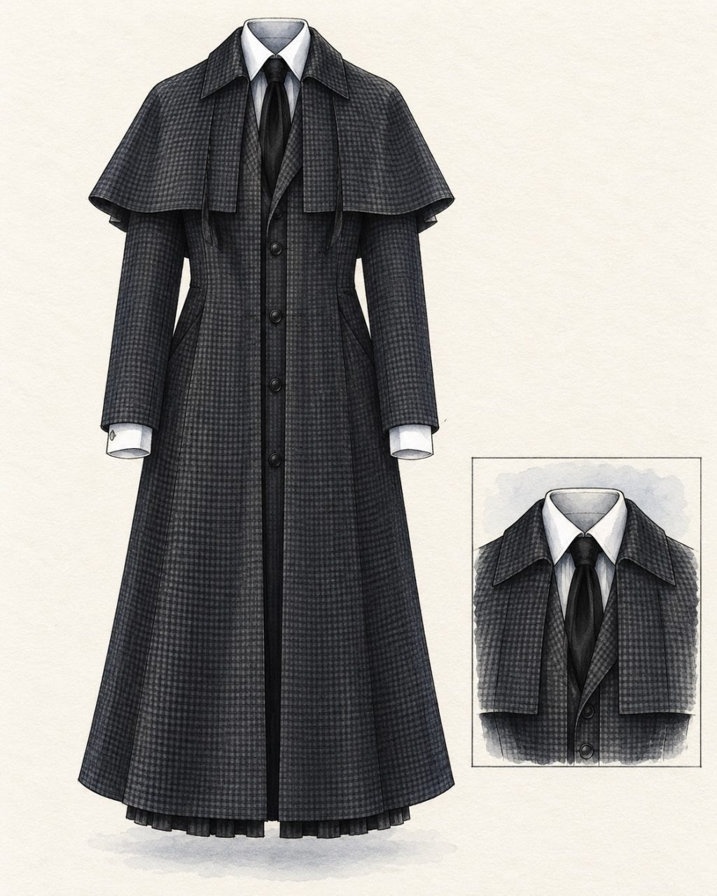 Illustrated dark detective coat with a cape-like shoulder flap and a collar detail