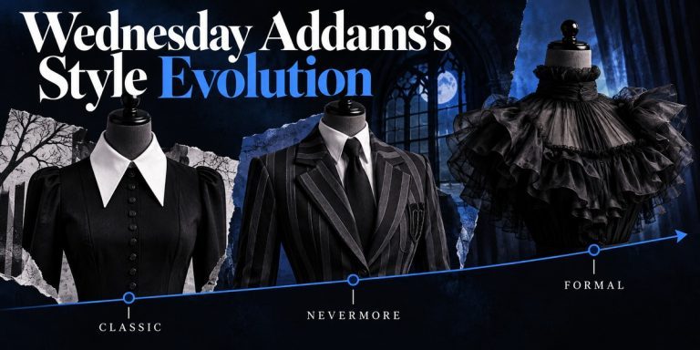 Wednesday Addams’s style evolution: a white collar, striped school blazer and layered formal neckline on a dark blue illustrated timeline.
