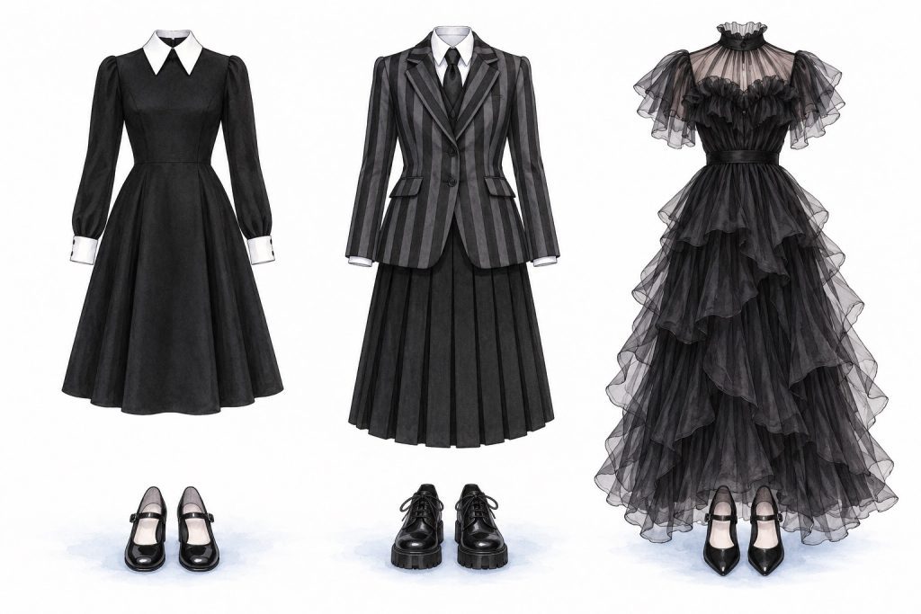 Illustrated comparison of a collared black dress, striped school uniform, and layered black formal dress