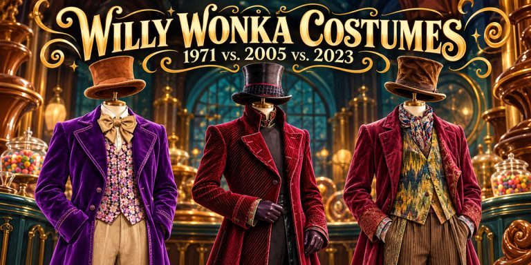Willy Wonka Costumes:1971 vs.2005 vs.2023, with purple, dark burgundy, and scarf-layered outfits