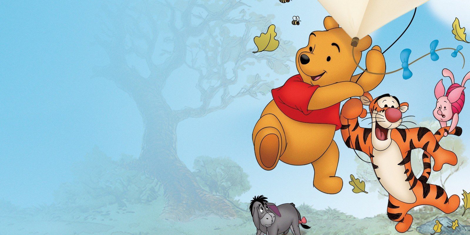 Winnie the Pooh with Tigger, Piglet and Eeyore floating with a kite